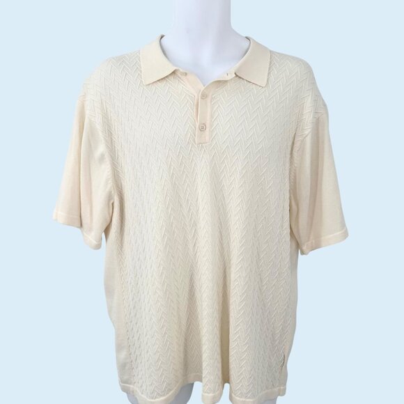 J. Ferrar Cream Textured Herringbone Knit Short Sleeve Collared Sweater - L - Picture 2 of 5